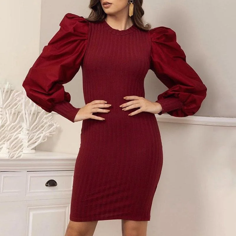 Latest Trends FashionSierra - Mock Neck Puff Sleeve Bodycon Dress Women Solid Ribbed Long Sleeve Winter Dress Skinny Elegant Party Dress