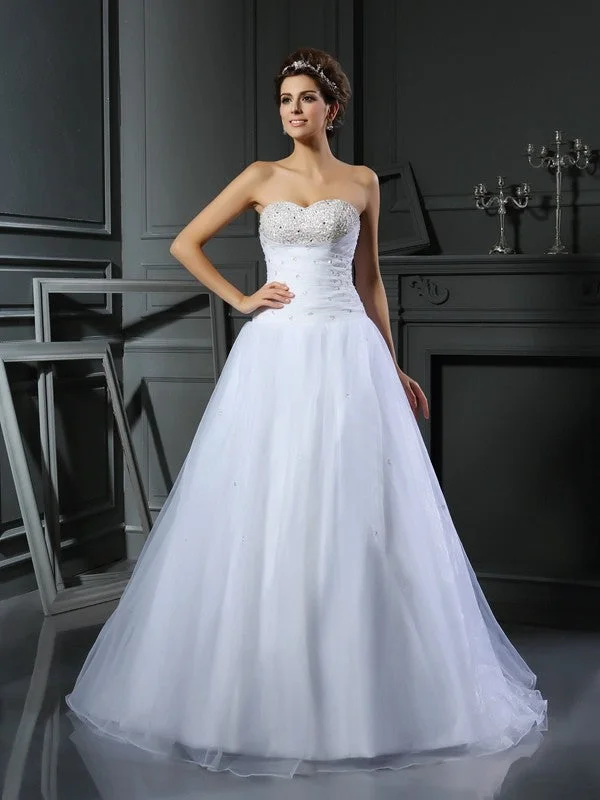 Chic Style Ball Gown Sweetheart Beading Sleeveless Long Satin Wedding Dresses