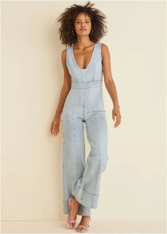 Sporty Streetwear Stretch Denim Jumpsuit - Light Wash