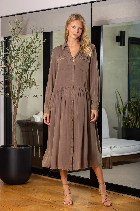 Embrace New Fashion VINTAGE PLUM COLLARED LONG SLEEVES BUTTON-DOWN LOOSE MIDI DRESS ED16565