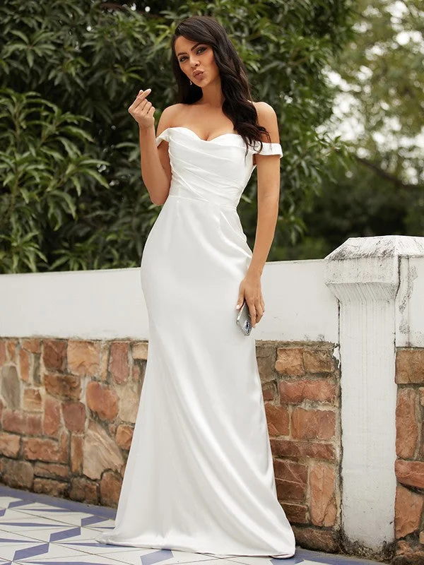 Stylish Women's Apparel Sheath/Column Elastic Woven Satin Ruched Off-the-Shoulder Sleeveless Sweep/Brush Train Wedding Dresses