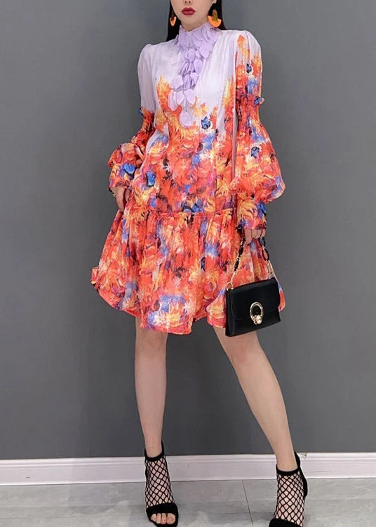 Affordable Women's Clothing Online Fashion Print Stand Collar Patchwork Chiffon Dresses lantern sleeve