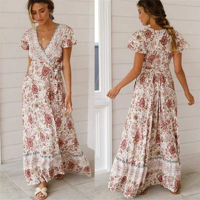 Workwear Fashion for Women FashionSierra - Holiday Long Dress Women's Boho Dresses Lady Boho Floral V-neck Long Maxi Dress Summer Beachwear Sundress