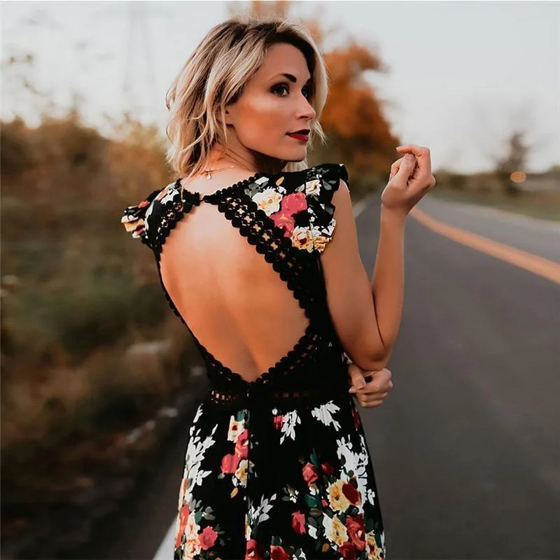 Versatile Style Wardrobe FashionSierra - Women Boho Backless Irregular Floral Pinted Dress Summer Deep V Trim Long Maxi Dresses Open Back Party Bohemian Vestidos