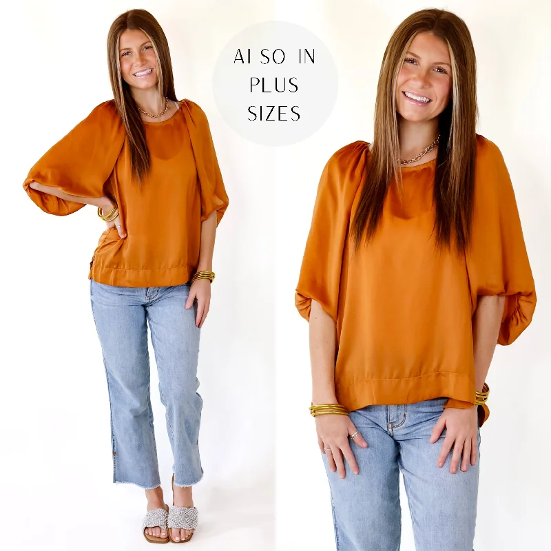 Holiday Discount Flash A Smile Half Balloon Sleeve Satin Blouse in Burnt Orange