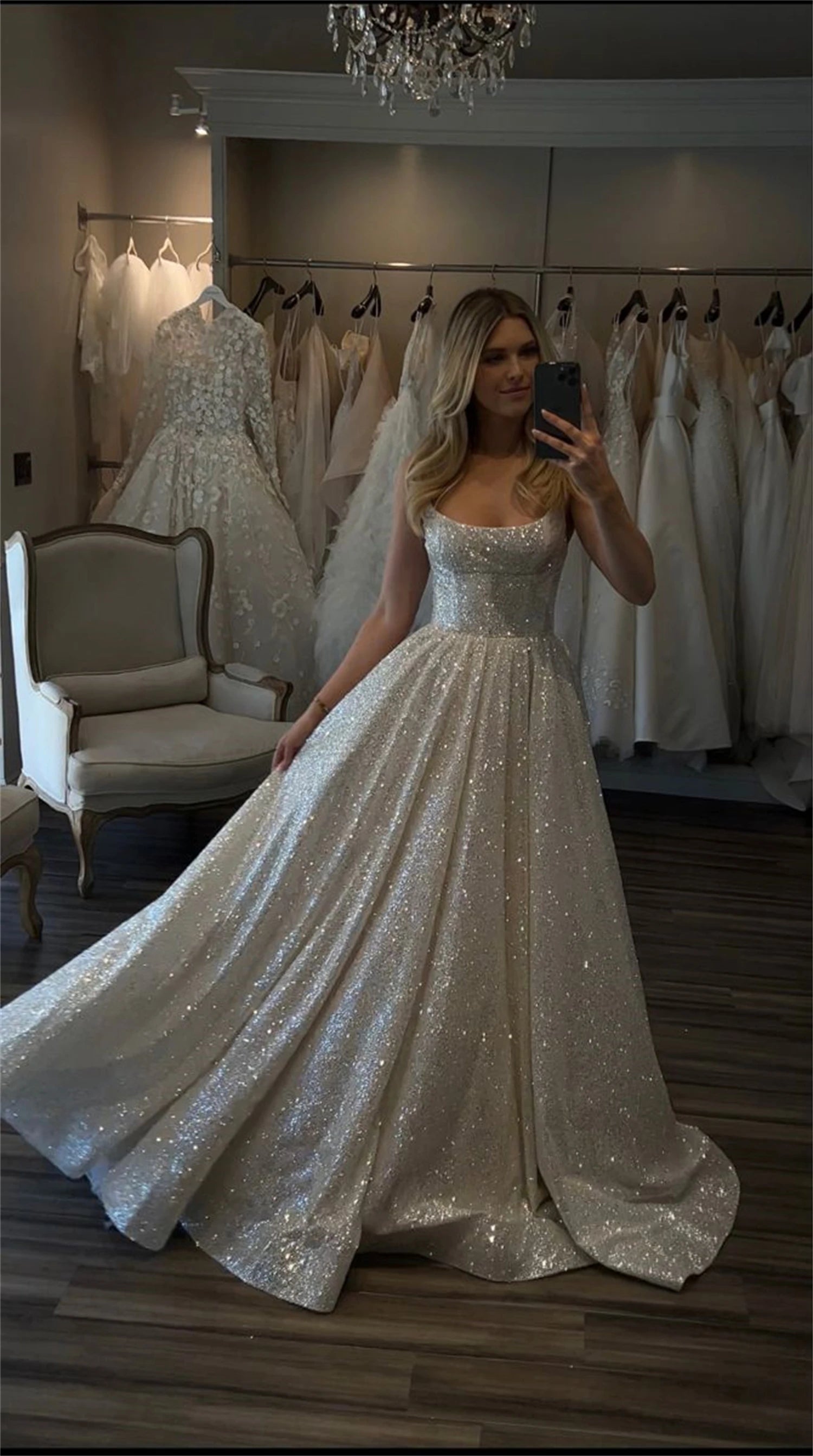 Fashionista Favorites Shiny Wedding Dresses Boho Sweetheart Sequin Spaghetti Strap A-Line Princess Wedding Bridal Gown suknia slubna