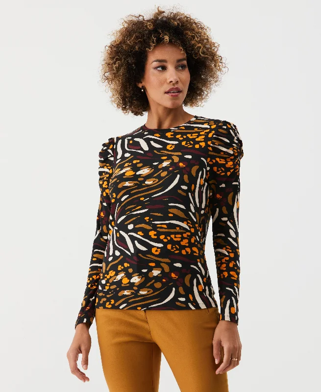 Gift Ideas Animal Print Crew Neck Puff Sleeve Top