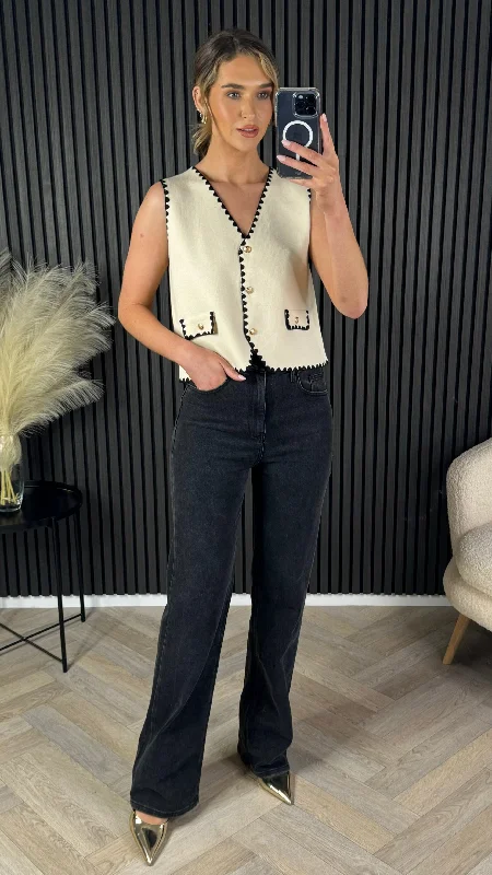 Stupidly Low Prices Angeline Cream & Black Trimmed Knit Waistcoat