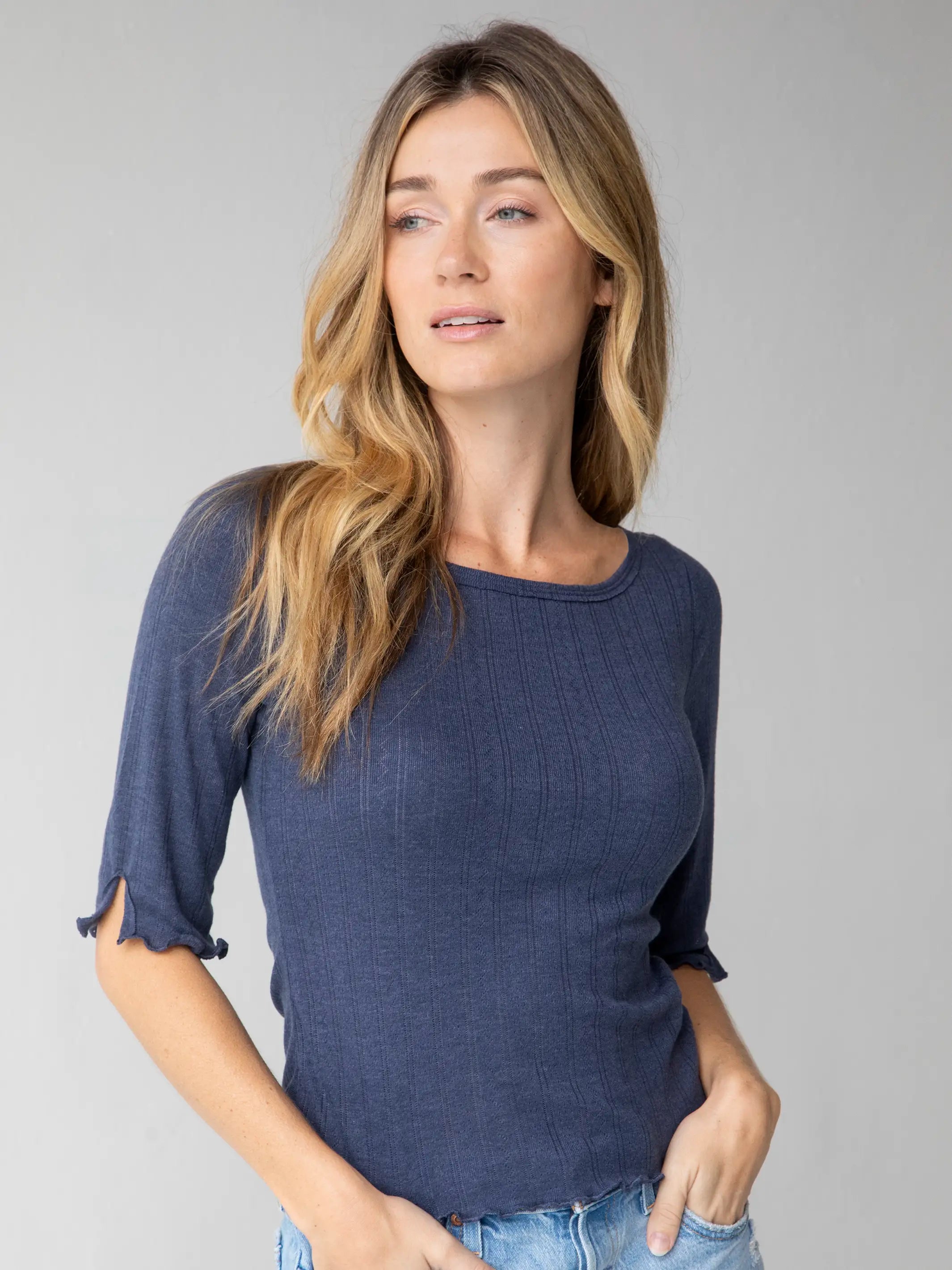 Sale Event, Prices Rock Leah Pointelle Top - Slate Blue