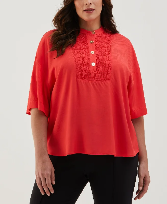 Stylish Statements Plus Size Smocked Banded Collar Top