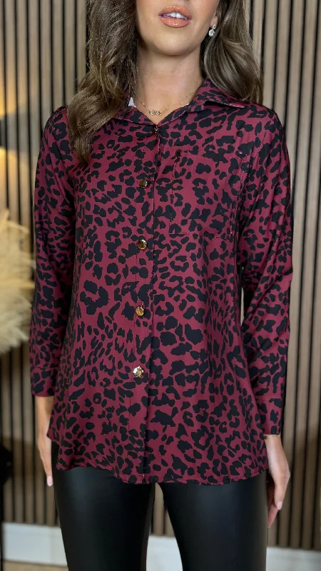 Daily Deals Evalina Burgundy & Black Leopard Print Shirt