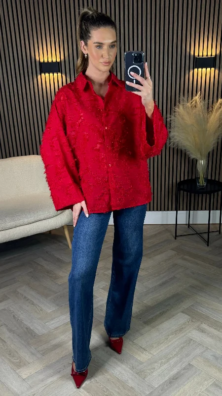 The Latest Fashion Trends Jovie Red Textured Oversized Shirt