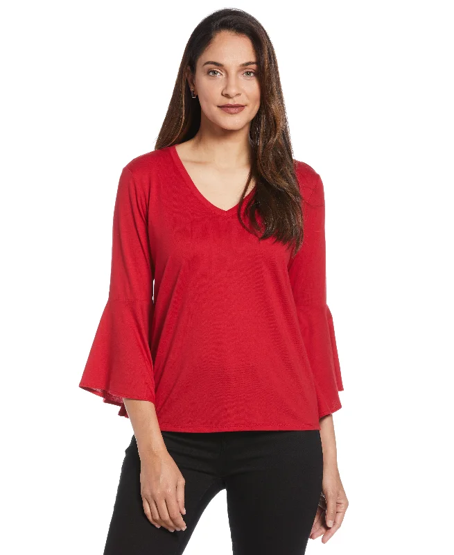 Fashion Deal Knit V-Neck Ruffle Sleeve Top