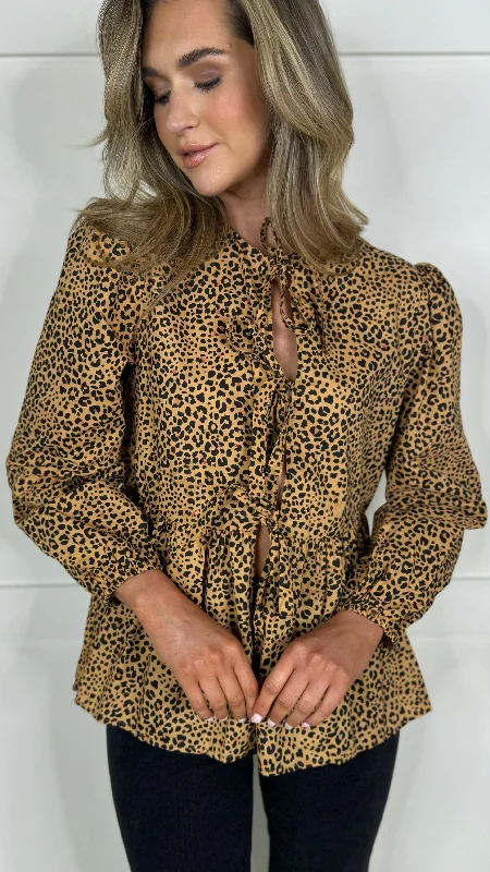 Romantic Fashion Discounts Penny Beige & Black Leopard Printed Tie Detail Top