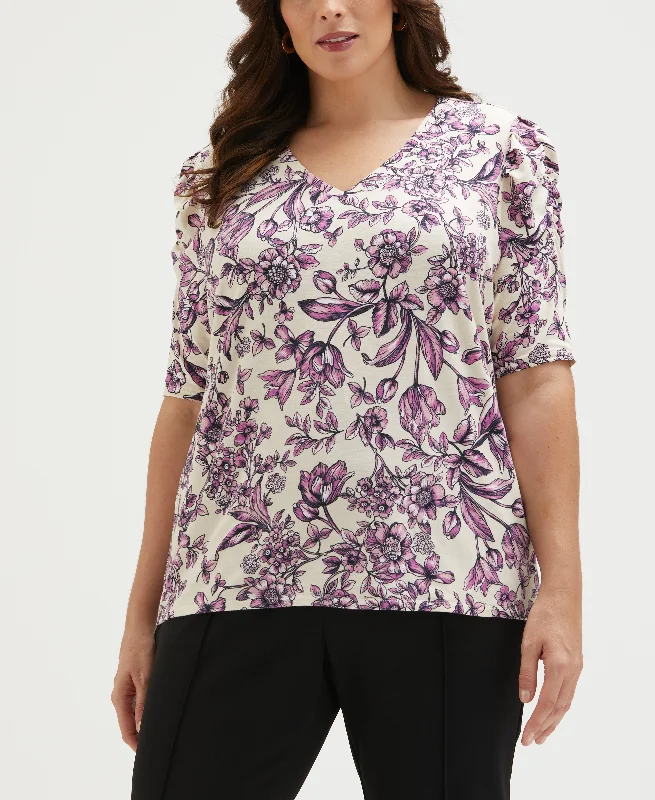 Avant-Garde Style Promotions Plus Size Floral Print Puff Elbow Sleeve Top