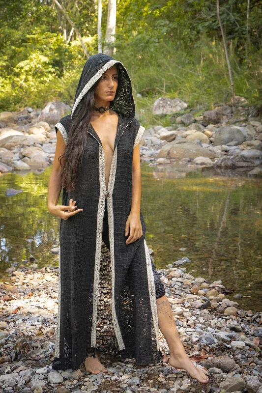 High-End Women's Apparel LALIKA Womens Vest Black Long Hooded Large Hood Natural Netted Cotton Festival Ceremony Tribal Dystopian Cyberpunk Steampunk Gypsy AJJAYA