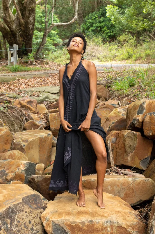 Don't Miss Out SELENA Long Dress Goddess Black Raven Maxi Open Back Cotton Festival Boho Naturally Dyed Block Printed Tribal Hippie Patterns Earthy AJJAYA