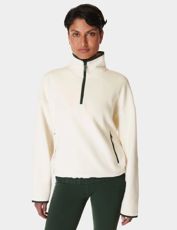 Classic Women's Fashion Mallow Half Zip Pullover - Studio White/Trek Green