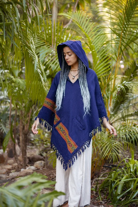 Quality Wear UPEKKHA Womens Poncho Indigo Purple Hooded Cashmere and Acrylic Wool Tribal Embroidery Large Hood Pockets Hippie Primitive Boho AJJAYA